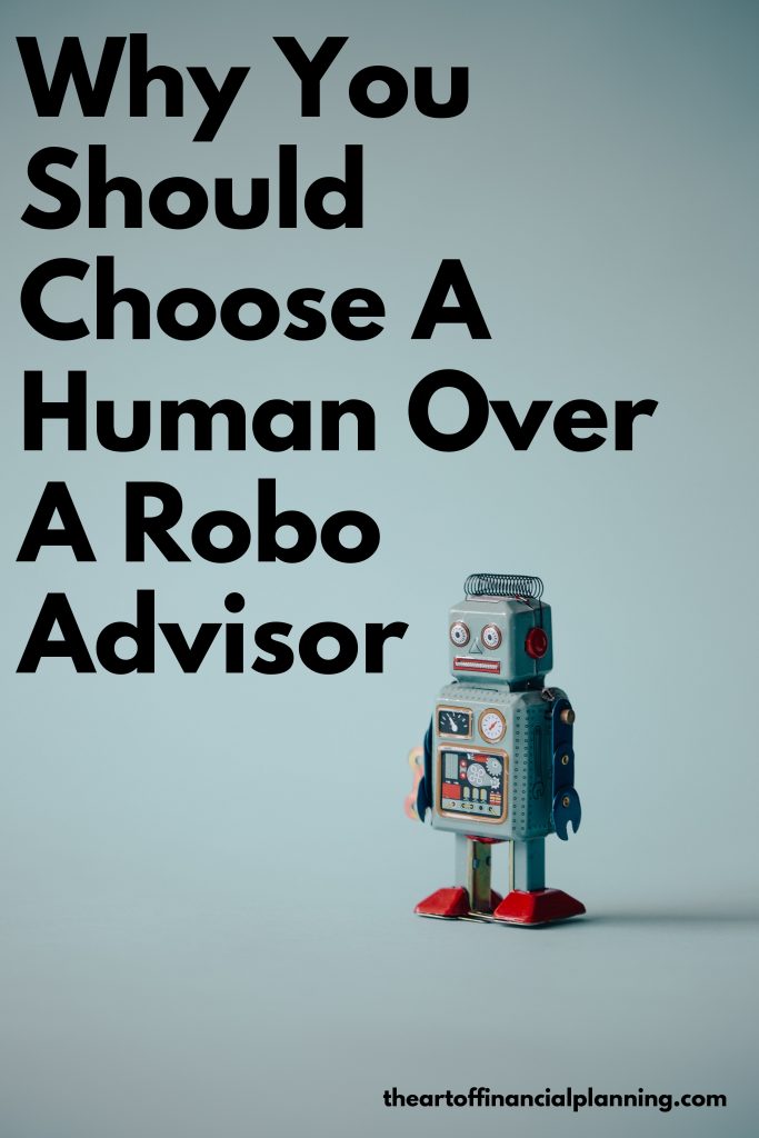 Why you should choose a human over a robo advisor. Blue background and vintage robot